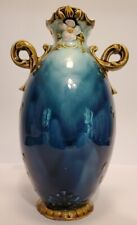 Stunning Antique Victorian Blue Majolica Art Nouveau Vase with Pink Flowers