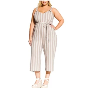 City Chic Women Plus XXL 24 Oatmeal Stripe Tie Waist Wide Leg Jumpsuit NWT BE42 - Picture 1 of 3