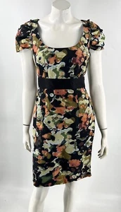 Moulinette Soeurs Pittore Dress Sz 4 Black Peach Green Ruched Sleeve Sheath Zip - Picture 1 of 7