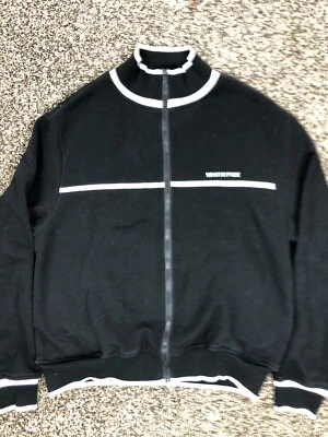 White Fox Sign Me Up Front Zip Sweater Black Embroidered Ribbed Womens M/L - Image 1 of 4