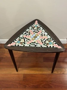 Lobeco handcrafted In Romania Mid Century Mosaic Stacking Table Wood 3 Leg 16” H - Picture 1 of 15