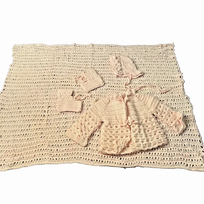 Estate Handmade Crochet Pink Baby Set Blanket Sweater Bonnet Booties Newborn? - Image 1 of 4