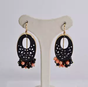 ORECCHINI ARGENTO 925 DORATO GIADA NERA ONICE CORALLO ROSA AGHT 0889 - Foto 1 di 3