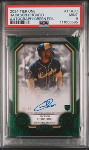 2024 Topps Tier One Jackson Chourio #T1A-JC RC Auto Green Foil /49 PSA 9 - Foto 1 di 2