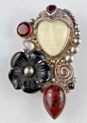 COLGANTE BROCHE DIOSA GRANATE ÓNIX NATURAL FIBRA ÓPTICA TALLADA ESTERLINA 925 SAJEN Foto 1 de 4