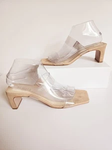 Schutz Taina Honey Beige Clear Backless Open Square Toe Heels Sandals 9 - Picture 1 of 13