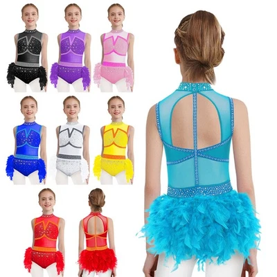 Girls Feather Skirt Leotard Latin Jazz Dancewear Costume Color Block Jumpsuit - Image 1 of 4