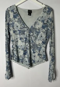 Vtg INC Y2k Babydoll Top Sz M Blue Floral Mesh V Neck Coquette Fairy Dainty - Picture 1 of 8