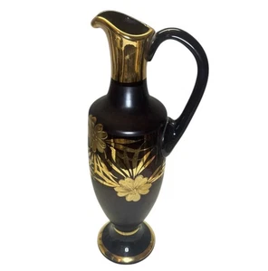 Glass Pitcher Gold Detail Floral Pattern 16” Vintage Vase Footed With Handle - Picture 1 of 7