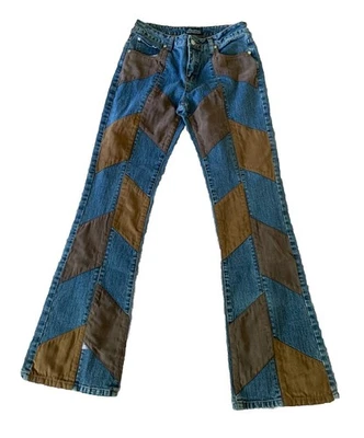 Vtg 90s Y2K Jeans No Boundaries Patchwork Leather Pants Bootcut Sz 5 Boho Fairy - Image 1 of 4