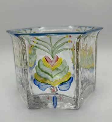 Jarrón vintage de vidrio artístico marino runa hebra pintado Kurbits hexágono sueco Foto 1 de 4