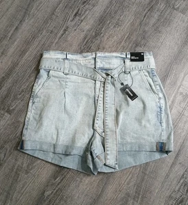 Express Jean Shorts 14 Shortie Super High Rise Paperbag Belt Denim Blue Stretch - Picture 1 of 7