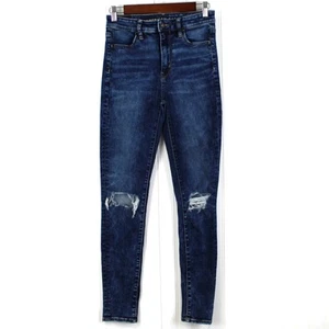 AEO Womens 4 Super Hi-Rise Jegging Distressed Dark Wash Stretch Hipster Grunge - Picture 1 of 10