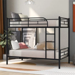Twin Over Twin Size Modern Metal Bunk Bed for Teen Adults Save Space Black - Picture 1 of 18