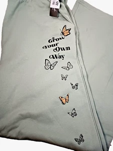 Ladies Green Sweatpants "Grow Your Own Way" Butterflies 2XL New Straight Legs - Foto 1 di 10