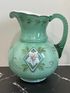 Fenton 75th Art Glass Bill Fenton Green Pitcher Signed 6.75" Tall Original Label - Picture 1 of 24