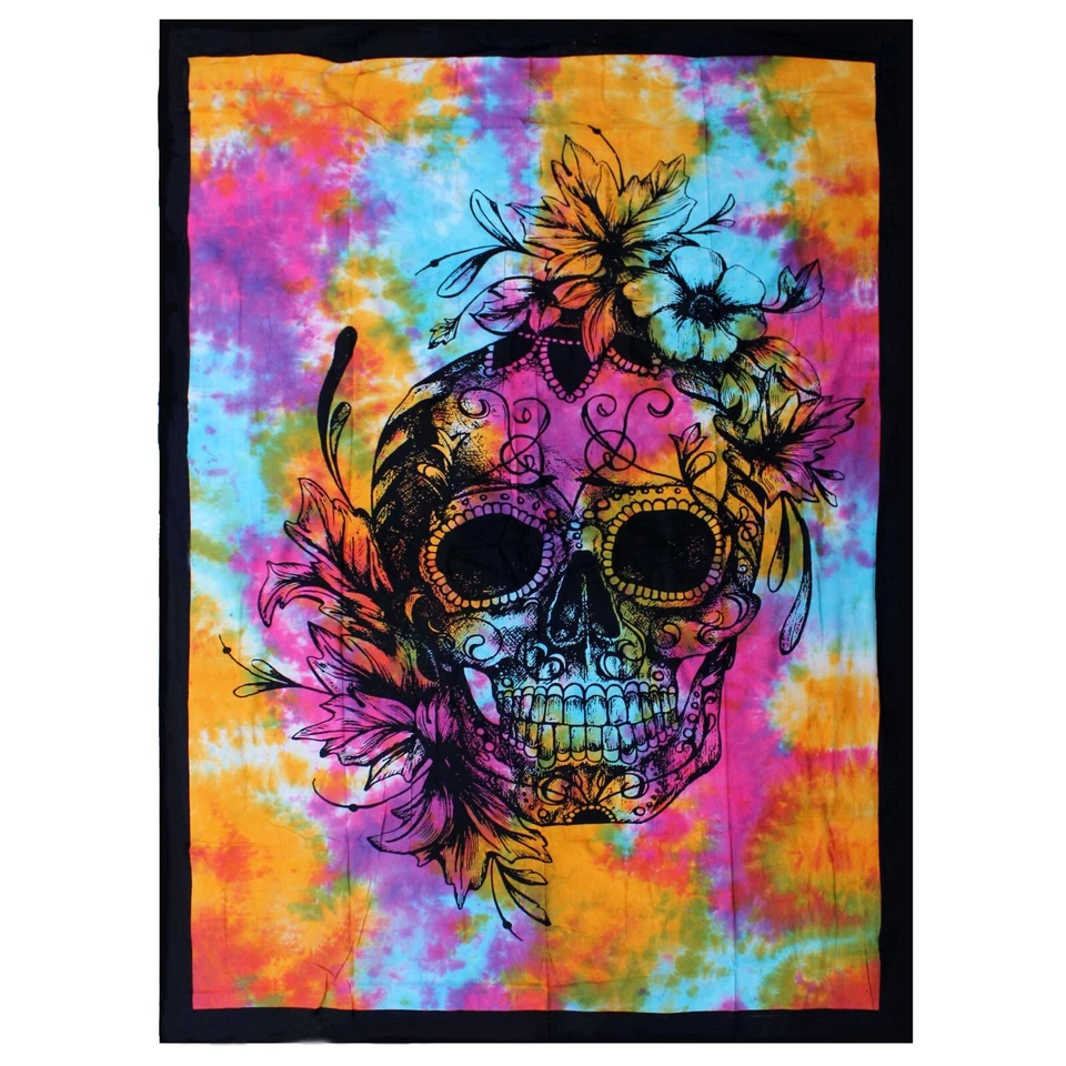 Colcha individual de algodón tie-dye indio con calavera floral - colgante de cuadro de pared Foto 1 de 1