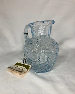 Vintage Fenton Ice Blue Fern Pitcher With Tag Ruffled Mouth Reed Handle 5 1/2" - Picture 1 of 7