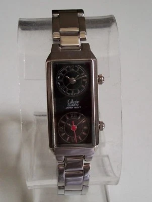 Серебряная отделка металлический ремешок с черным циферблатом двойной/2 часовой пояс модные наручные часы - Изображение 1 из 4