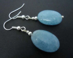 Natural 13x18mm Blue Chalcedony Oval Gemstone Silver Hook Dangle Earrings - Picture 1 of 6