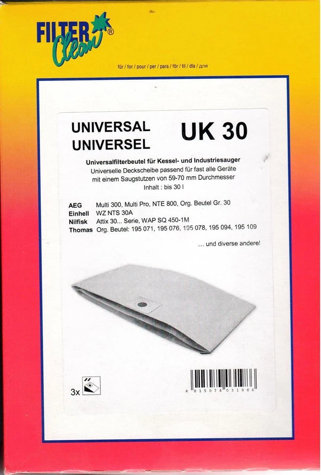 3 Papier Staubsaugerbeutel Universal 30L passend Nilfisk Alto Attix 30 + andere - Bild 1 von 1