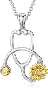 Stethoscope Sunflower Necklace Doctor Nurse Pendant Gifts Women Sterling Silver - Picture 1 of 4