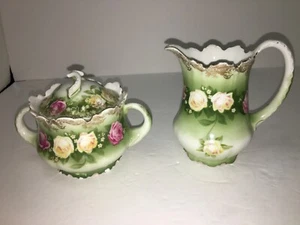 Vintage Rosenthal RC Malmaison Bavaria Creamer & Sugar Green w/roses - Bild 1 von 7