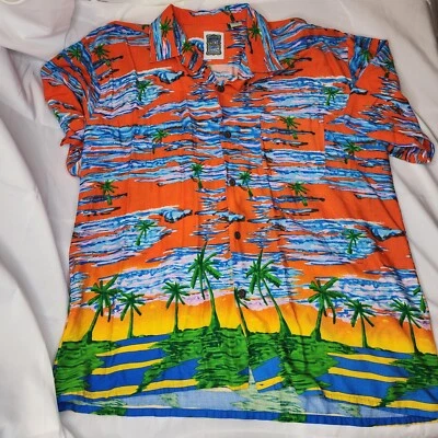 Ocean Current 衬衫男式大号橙色日落黄色夏威夷热带棕榈提基  — 第 1/4 张图片