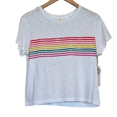 C & C California Rainbow Striped Cropped White T Shirt Women's Large - Image 1 of 4