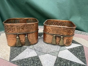 Vintage Pair Of Planter / Storage Box Copper  Brass Metal Tassle Trim Square - Picture 1 of 9