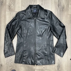 GAP Black Leather Jacket Womens Small Motorcycle Full Zip Y2K Vintage 2001 - Picture 1 of 9