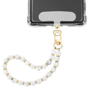 Phone Wrist Strap, Pearl Beaded Phone Charm with Tether Tab, Silver & White - Photo 1 sur 6