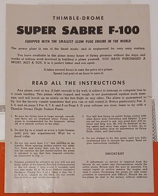 Cox Thimble-Drome Super Sabre F100 Instructions for Plane Model Kit Vintage VTG - Image 1 of 2