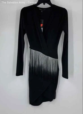 Vestido ajustado negro con cuello en V manga larga hasta la rodilla Symphony para mujer talla pequeña Foto 1 de 4