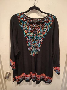 Top tunica donna nero ricamato Calessa taglia 3X boho festival casual scollo a V - Foto 1 di 6