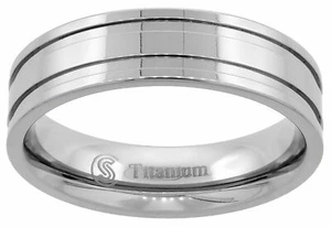 Titanium Ring Men Women Wedding Band 2 Wide Grooves Flat Polished Finish 6mm - Picture 1 of 1