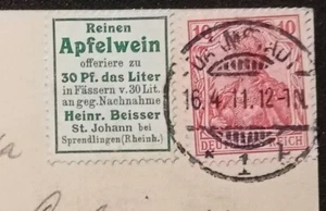 Germania Reich francobollo pubblicità 10 pf l'etichetta randagia reklamen vini mela 1911 - Foto 1 di 3