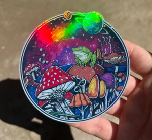 Mushroom Planet Sticker Holographic Hologram Magic Hippie Psychedelic Decal - Picture 1 of 2
