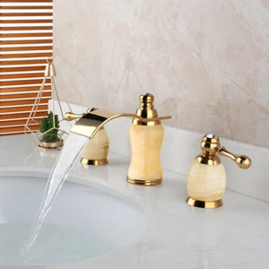 3 PCS Deck Mounted Vanity Basin Sink Taps Gold Jade Waterfall Spout Brass Faucet - Picture 1 of 12
