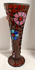 Vintage Red Mosaic Stain Glass Trumpet Style Vase 12" With Pink & Blue Flowers