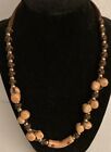 Unisex Tan Ceramic Beaded Necklace Brown Silk Tribal Casual, Goldtone Accents