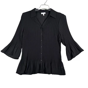 Fashion Bug Blouse Top Pleated Bell Sleeve Button Down Sheer Black Gothic 1X - Picture 1 of 10
