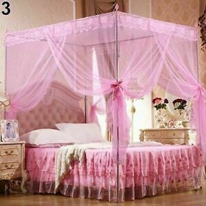 4 Corners Princess Lace Canopy Mosquito Nets No Frame For Queen King Bed Netting