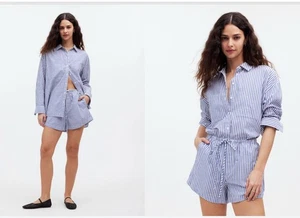 Madewell NWT Pull-On Drawstring Shorts 3” Inseam in Navy White Stripe Sz Medium - Picture 1 of 10