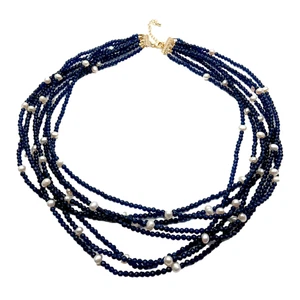 Cultured White Pearl Blue Crystal Necklace Multi Strands Jewelry For Women 20" - Picture 1 of 6