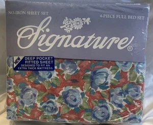 NOS Vintage Signature “LORETTA” 4 Piece Full Bed Sheet Set Floral - Picture 1 of 8