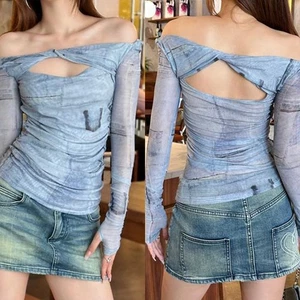 Fashionable One Shoulder Mesh Top in Blue Ideal for Spring and Autumn Outfits - Picture 1 of 9
