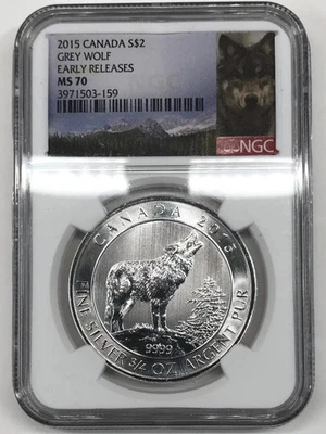 2015 Grey Wolf Canada ~3/4 oz Silver $2 NGC MS-70 Early Releases - Image 1 of 3
