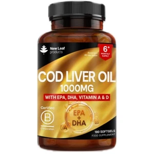 Cod Liver Oil Capsules 1000mg - 180 High Strength Softgels with Omega 3, EPA DHA - Picture 1 of 6
