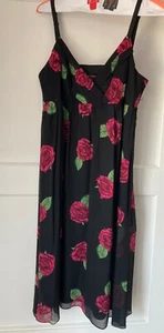 Vintage 1990s Betsey Johnson Black & Pink Floral Rose Silk Dress Lined Size 8  - Picture 1 of 5